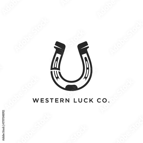A stylized black horseshoe design set against a white background with centered text below