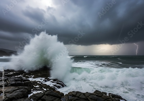 Fototapeta Naklejka Na Ścianę i Meble -  Dramatic stormy seascape with crashing wave and lightning in the distance