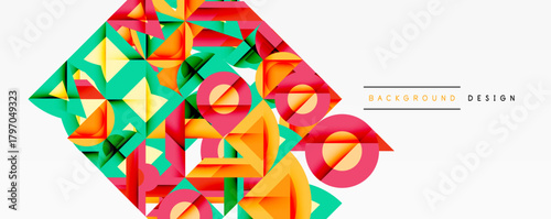 Abstract geometric shapes form vibrant composition. Bright colors overlap, creating dynamic visual texture. Modern design element.