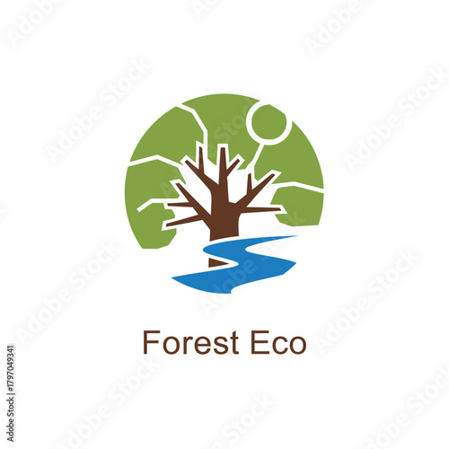 Stylized tree and flowing river within a green circle. Design uses simplistic shapes and colors