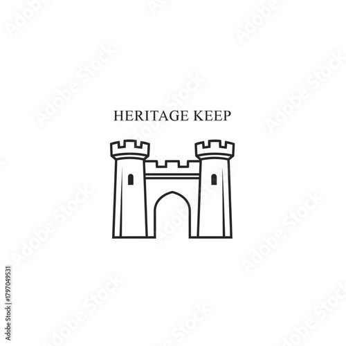 A simple black and white line drawing of a castle gateway with two towers on a white backdrop