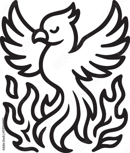 A stylized black and white illustration depicts a phoenix rising from the flames, symbolizing rebirth, renewal, and transformation. The bird's graceful form contrasts with the fiery intensity below.