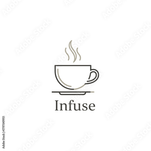 Minimalist logo a cup of hot beverage, steam rising, resting on a saucer, with the word "Infuse