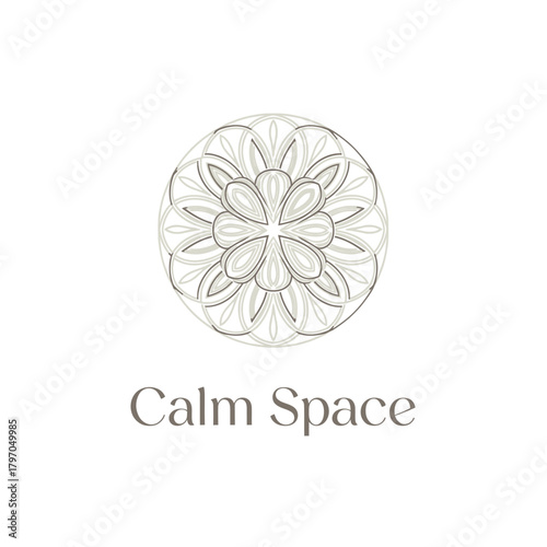 A geometric floral design with muted tones, accompanied by text. The artwork evokes tranquility