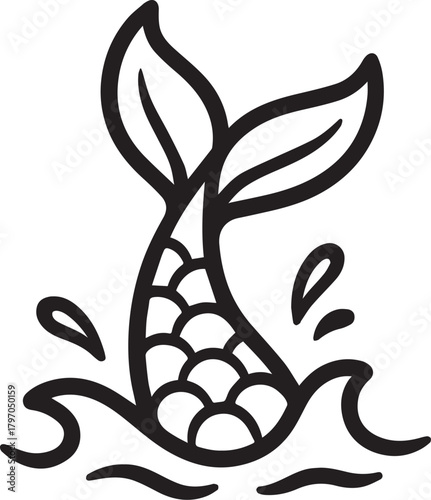 A mermaid's tail gracefully dips into the sparkling ocean waves, leaving a trail of water droplets in its wake, an illustration of mythical beauty.