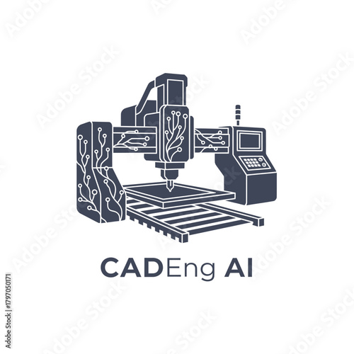 Stylized illustration of a complex machine with detailed internal circuitry, control panel, and work surface