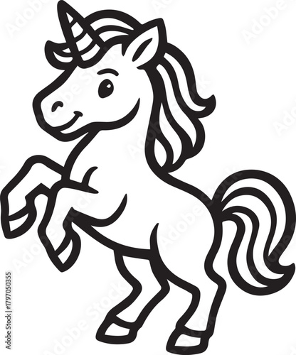 A delightful unicorn with a radiant smile and majestic horn, prances with grace in a whimsical line art illustration, exuding an aura of fantasy and enchantment.