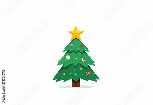 Festive Decorated Christmas Tree with Ornaments and Star Topper on a Bright White Background Celebrating the Holiday Season