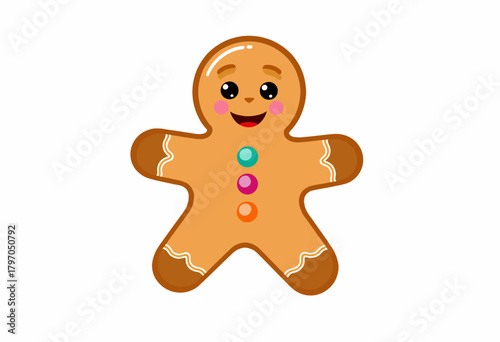 Adorable Smiling Gingerbread Man Cookie with Colorful Icing Buttons on a White Background