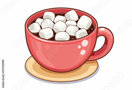 Illustration of a cozy red cup filled with hot chocolate topped with fluffy marshmallows on a circular wooden coaster against a white background
