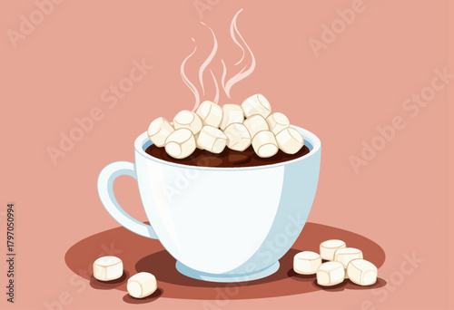 Warm and Comforting Hot Cocoa Overflowing with Mini Marshmallows in a Cozy Mug on a Soft Pink Background