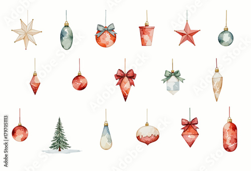 A festive arrangement of watercolor Christmas ornaments and a winter tree, showcasing various shapes and colors perfect for holiday decoration and seasonal celebration.