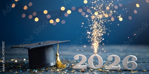 Graduation celebration with sparkling fireworks and the year 2026 displayed amidst festive bokeh lights