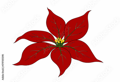 Illustration of a Stylized Five-Petaled Red Flower with Green Stems and Yellow Center on a White Background