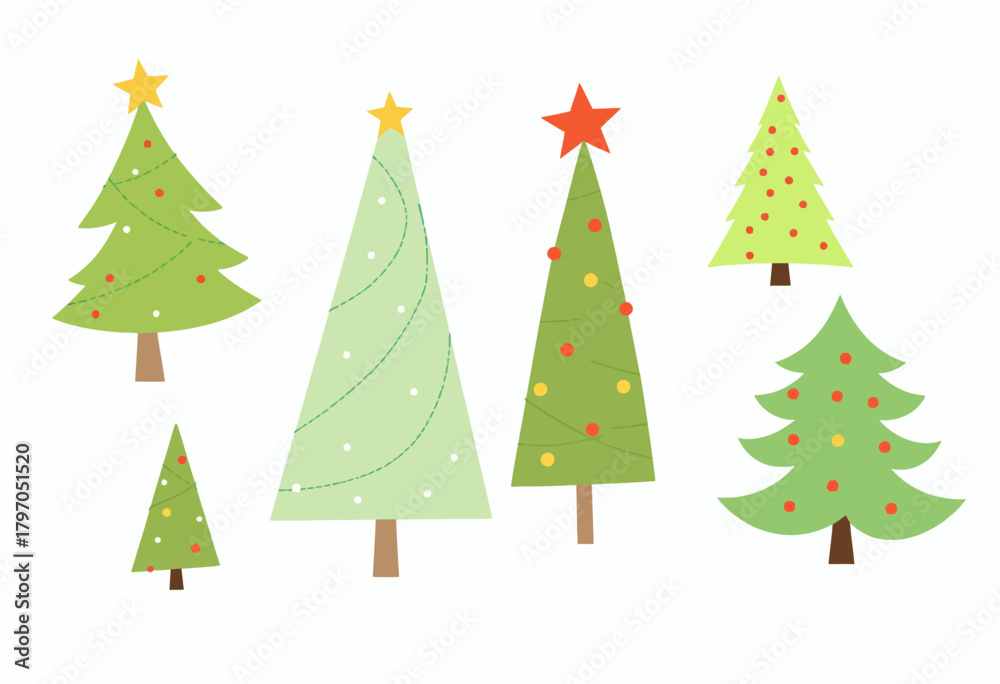 Obraz premium Illustrated set of various stylized Christmas trees with colorful decorations and star toppers, showcasing diverse shapes and festive designs on a white background