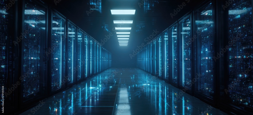 Fototapeta premium Futuristic server room, glowing blue tech (1)