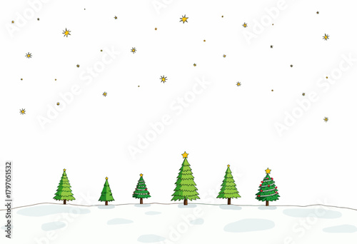Six decorated evergreen trees stand on snowy ground under a sky with twinkling stars, illustrating a festive winter evening landscape.