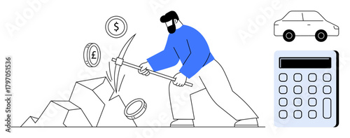 Man using pickaxe to mine coins, symbolizing financial efforts. Nearby are a car and calculator. Ideal for finance, investment, savings, budgeting, wealth management, success simple flat metaphor