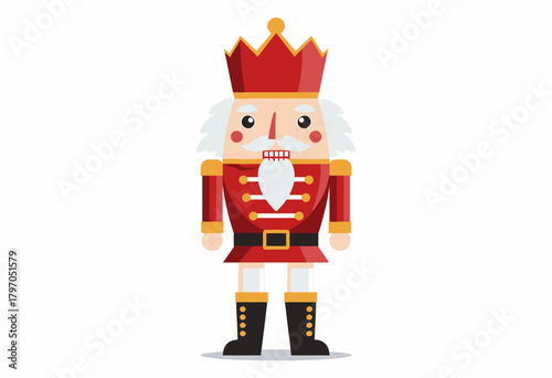 Illustration of a Traditional Wooden Nutcracker Soldier Doll Wearing a Red and Gold Uniform with a Crown and White Hair on a Plain Background