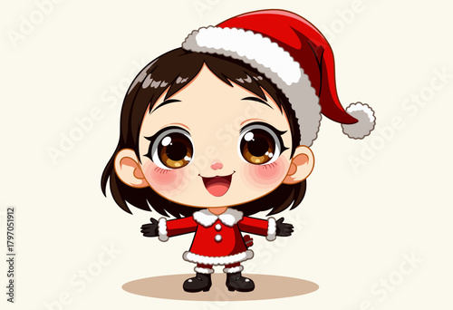 Adorable Christmas Cartoon Character in Festive Red Santa Outfit with Santa Hat and Big Eyes on Light Background with Cheerful Expression