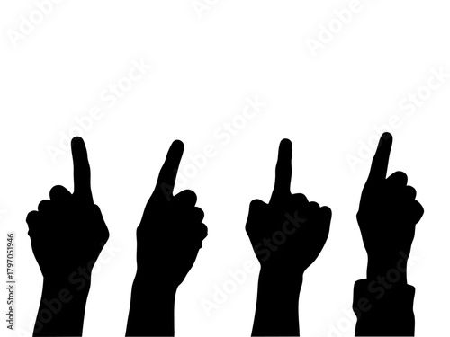 Silhouette hands pointing upward gesture on white background, expressing direction, attention, communication, teamwork, and coordination in a minimal flat style.