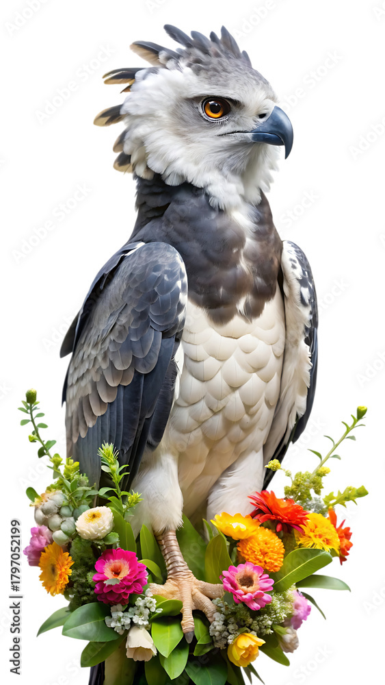 Obraz premium A majestic harpy eagle, a powerful bird of prey, perched regally on a vibrant floral arrangement, isolated on transparent background