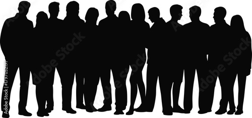 Silhouette, group, people, diversity, unity, teamwork, community, abstract, crowd, standing, together, black, white, anonymous, collective, posture, attire, inclusion, social, concept,
