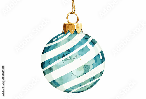 Elegant Blue and White Striped Christmas Ornament with Gold Cap Hanging Against a Brightly Lit Background Capturing Holiday Spirit