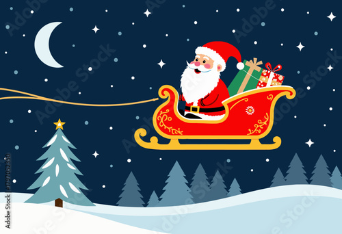 Cheerful Santa Claus riding a bright red sleigh full of colorful presents flying over a snowy winter night under a crescent moon and twinkling stars
