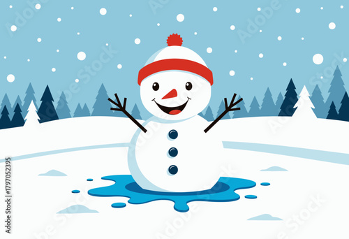 Cheerful Snowman with Red Hat Melting on a Sunny Day in Winter Landscape with Pines and Falling Snowflakes Under a Clear Blue Sky