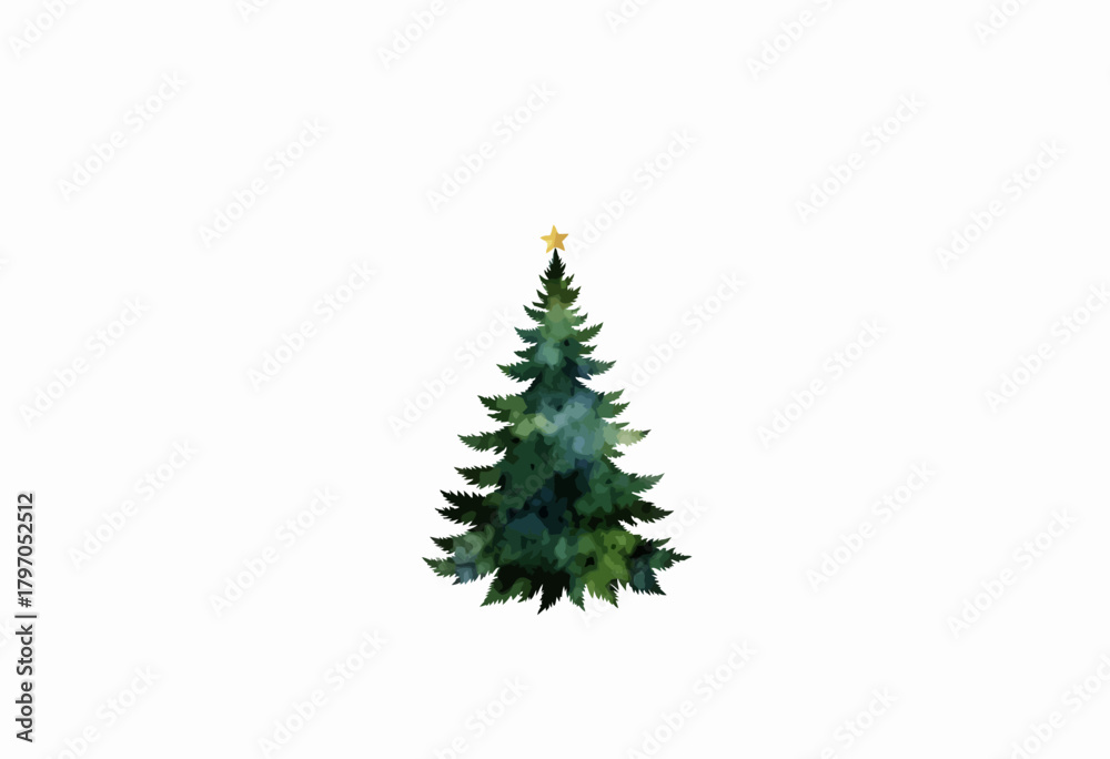 Fototapeta premium Watercolor Illustration of a Festive Evergreen Christmas Tree with Golden Star Adorning the Top, Set Against a Minimalist White Background