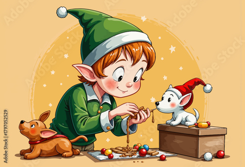 Festive Elf Engages in Holiday Preparations with Cozy Companions in a Cheerful Setting