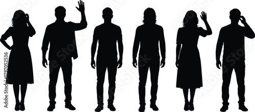 Casual People Group Silhouettes Vector Set, Diverse Men Women Standing Waving Talking Collection, Adult Figure Outline Black Shapes
