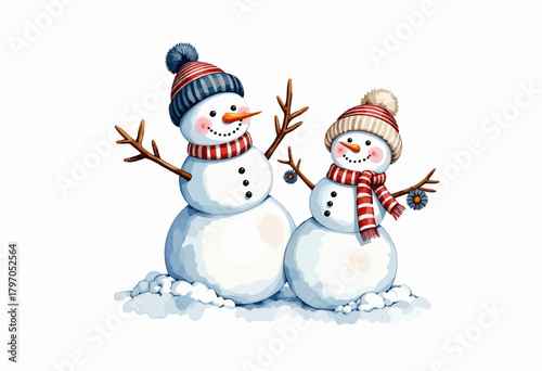 Two cheerful snowmen with striped scarves and winter hats embrace in a winter wonderland, surrounded by fresh snow under a clear sky.