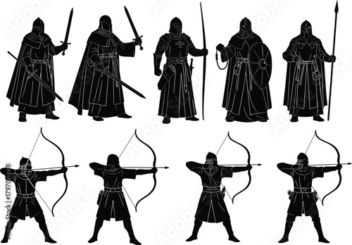 Medieval Warrior Archer Silhouettes Vector Set, Knight Soldier Fighter Historical Character Collection, Shield Sword Bow Black Shapes