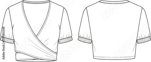 Technical Fashion Flat Vector Illustration, Cropped Wrap Top Crossover V-Neck Design CAD Drawing, Women's Knitwear Garment Apparel Template Mockup