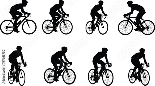 Cyclist Rider Silhouettes Vector Set, Bicycle Athlete Sport Action Poses Collection, Road Racing Bike Biker Movement Black Shapes