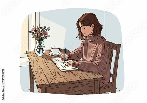 A young woman with short brown hair sits at a wooden table, writing in a notebook with a pen, next to a vase of flowers and a cup of coffee.