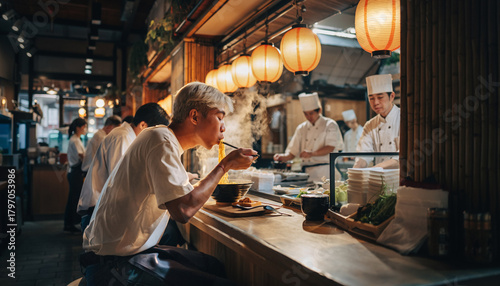 Man eating ramen at traditional Japanese restaurant counter