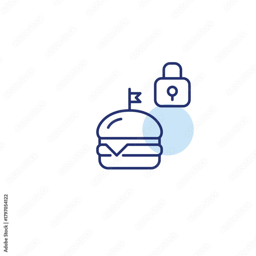 Obraz premium Burger and lock. Secure food order and safety-certified restaurants. Pixel perfect, editable stroke vector icon