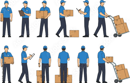 Delivery Courier Man Vector Illustration Set, Mailman Parcel Shipping Logistic Worker Collection, Postman Box Transportation Uniform