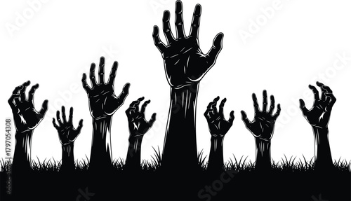 Zombie Undead Hands Silhouette Vector Set, Halloween Horror Graveyard Scene Collection, Monster Rising from Ground Spooky Night