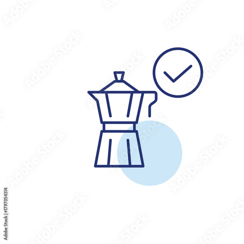 Moka pot and checkmark. Secure and safe brewing equipment. Pixel perfect, editable stroke vector icon