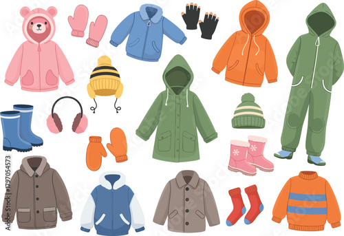 Kids Winter Clothes Vector Set, Cartoon Jackets Coats Mittens Hats Boots Sweater Collection, Cold Weather Fashion Garment Icons