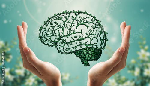 Wallpaper Mural Hands gently support botanical brain artwork, symbolizing mental resilience, growth, and mindfulness in serene pastel green environment with soft natural light Torontodigital.ca
