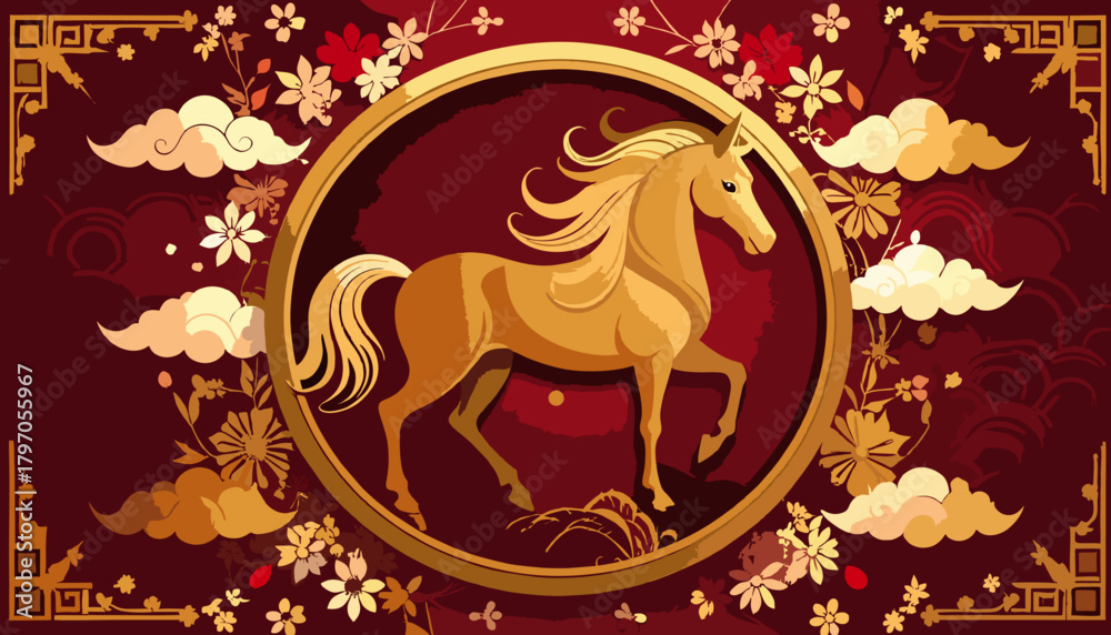 Fototapeta premium Golden Horse Zodiac Illustration on Red Floral Chinese Background
