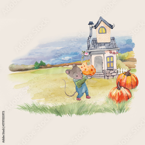 house in the garden with mouse, autumn season
