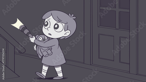 Anxious cartoon girl with flashlight and teddy bear explores a dark house