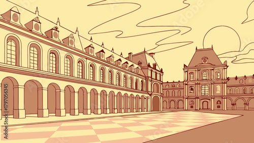 Architectural Illustration of a Classic Building Complex with Arches and Courtyard