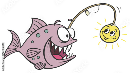 Cartoon Anglerfish with Glowing Lure and Wide Grinning Mouth